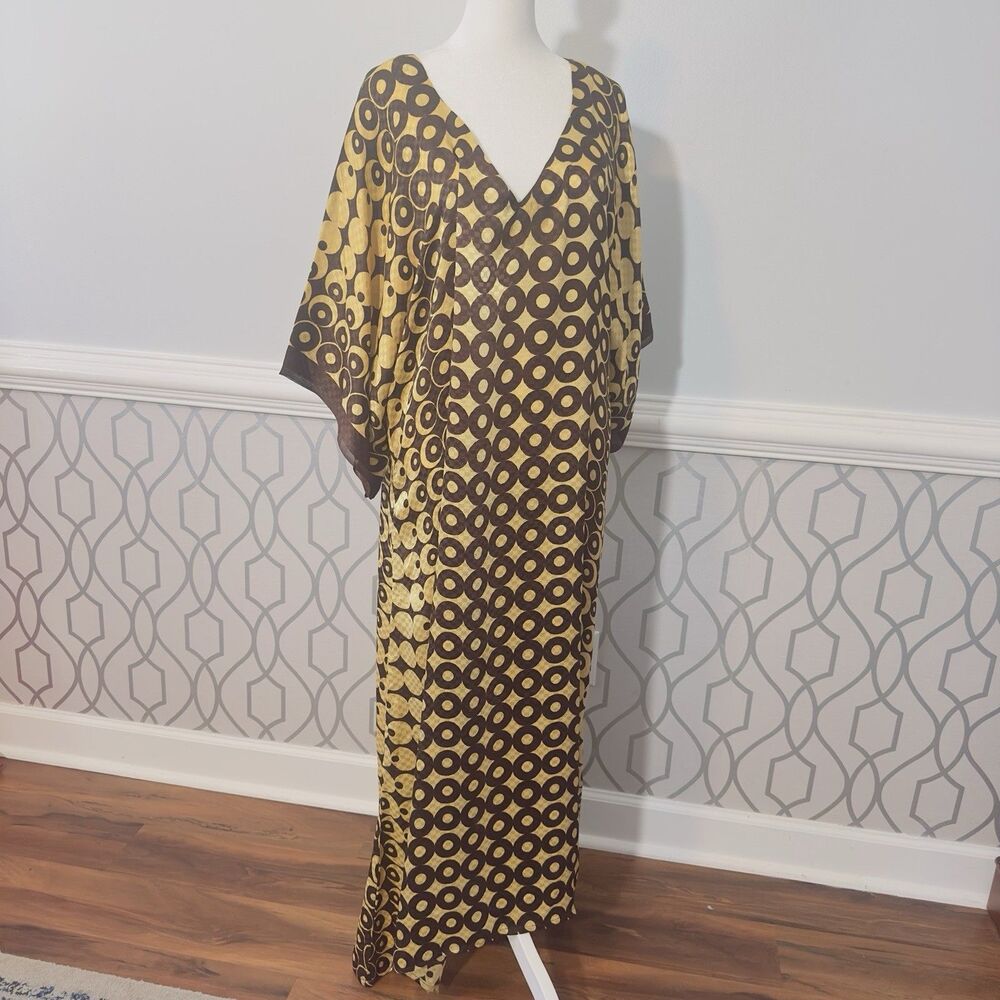 Women's Silk Kaftan Robe Momo Silk Satin Brown Gold Spots Circles Maxi one Size